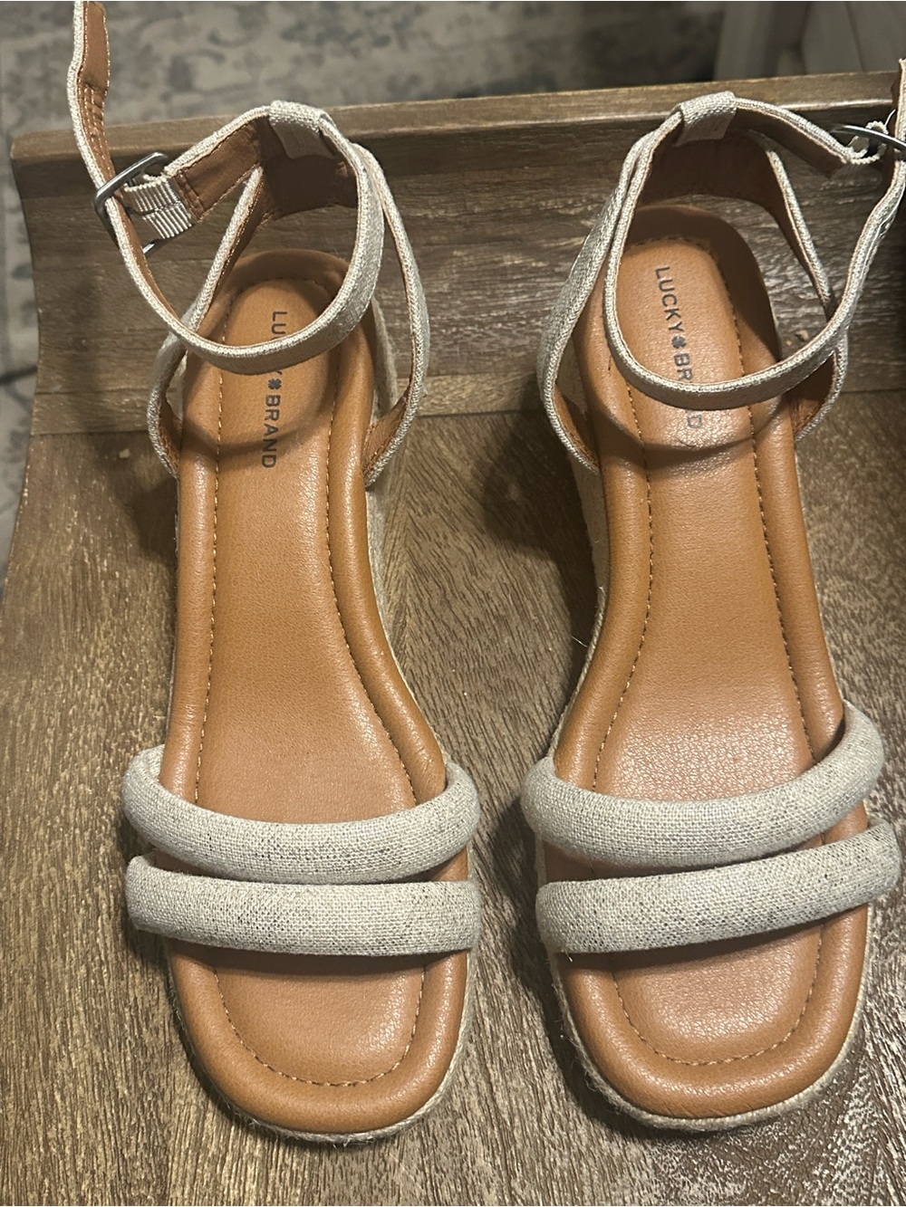 Lucky Brand Linen Double-Strap Ankle Sandals in Beige and Tan